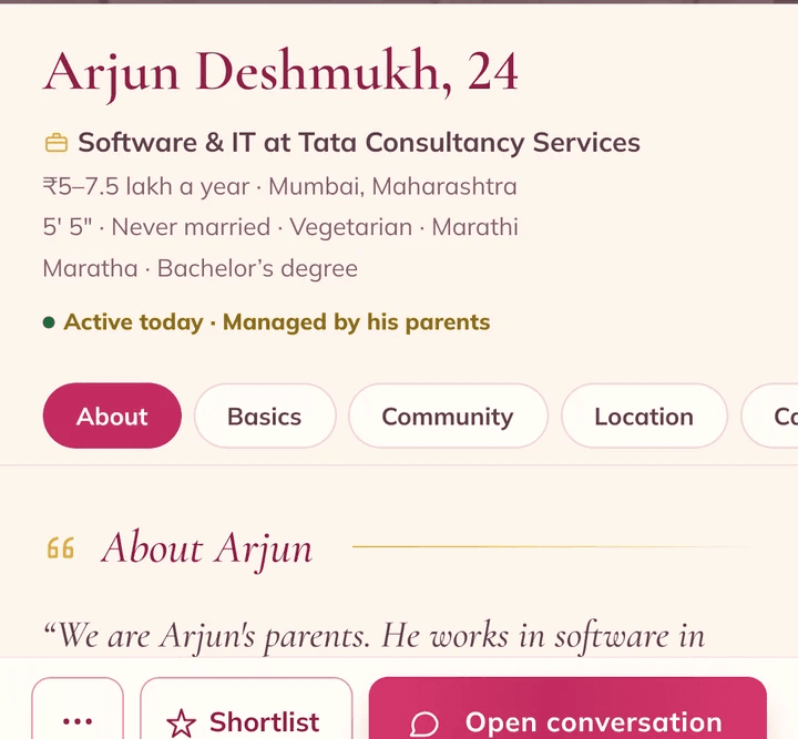 A profile in Vivaah that says “Managed by his parents”, with a note from them.