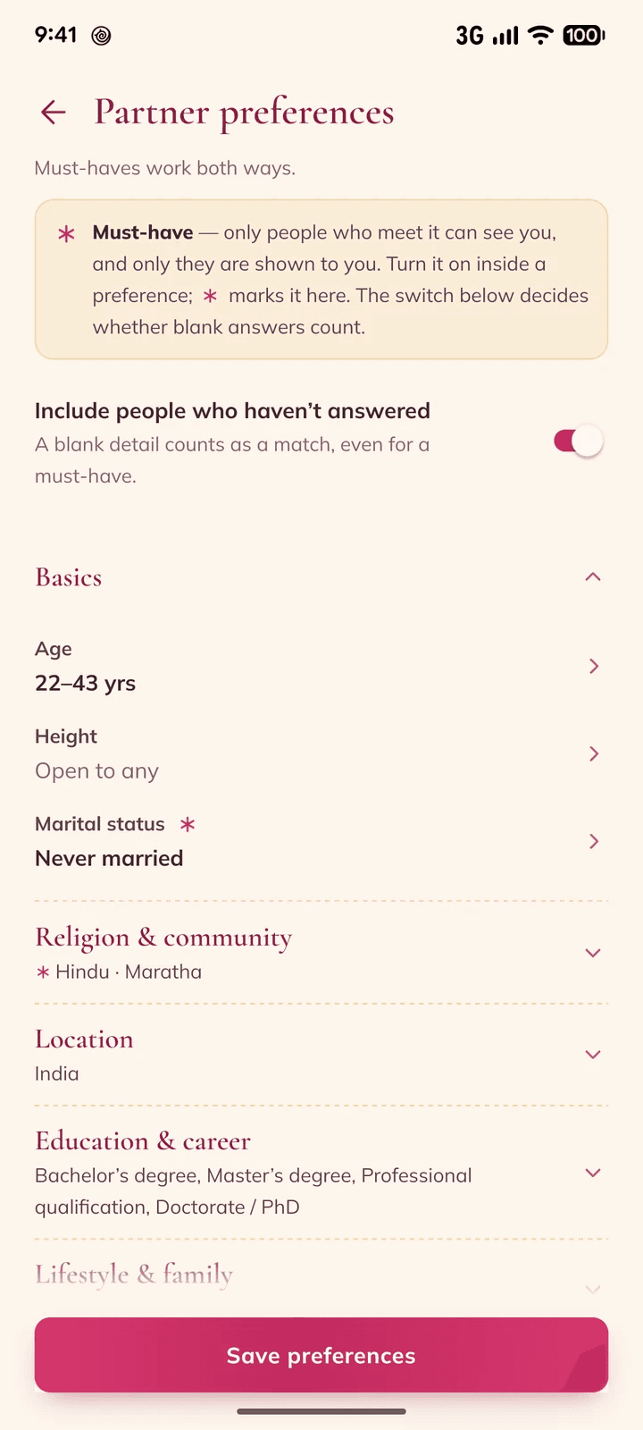 Partner preferences in Vivaah, with marital status marked as a must-have.
